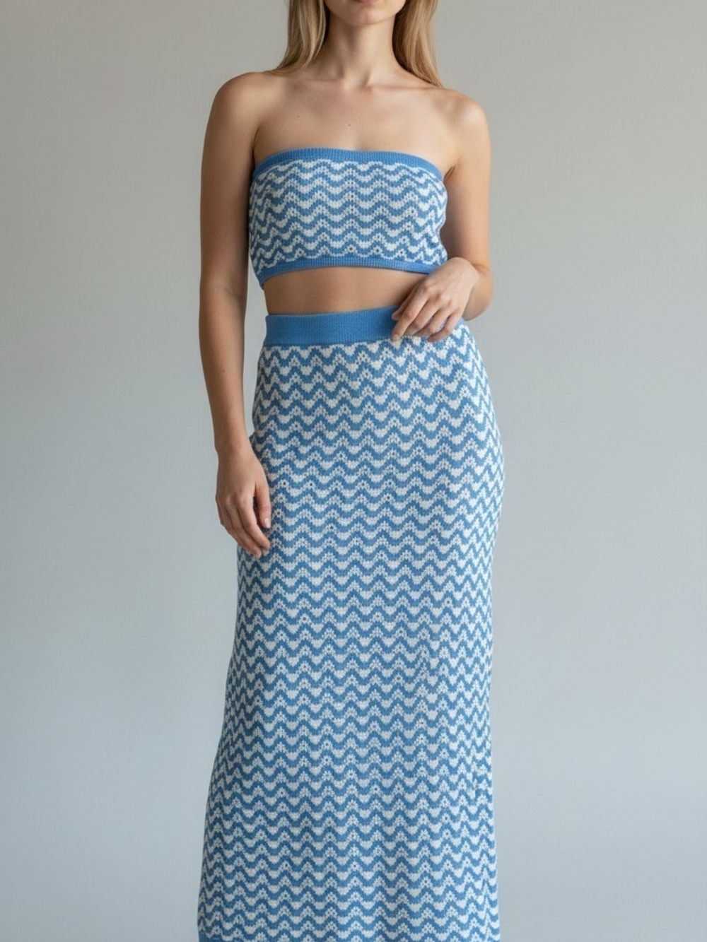 Cupshe Blue and White Chevron Knit Maxi Skirt